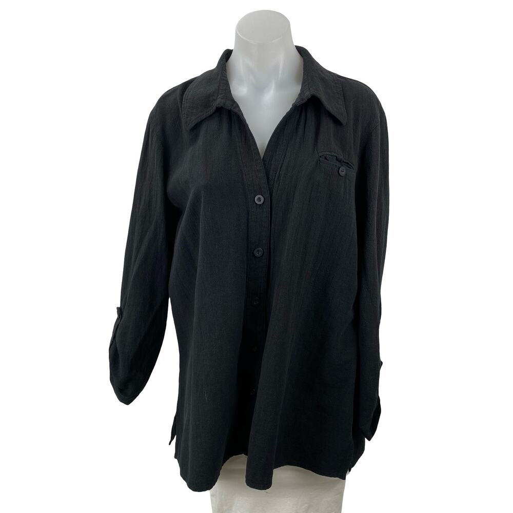 Chico's Women's Black Roll Tab Long Sleeve Pocket Button Down Shirt Top Size 3